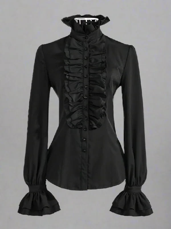 Visual Kei Formal Black Ruffled Collar Long Sleeve Blouse Office-Ready Blouse