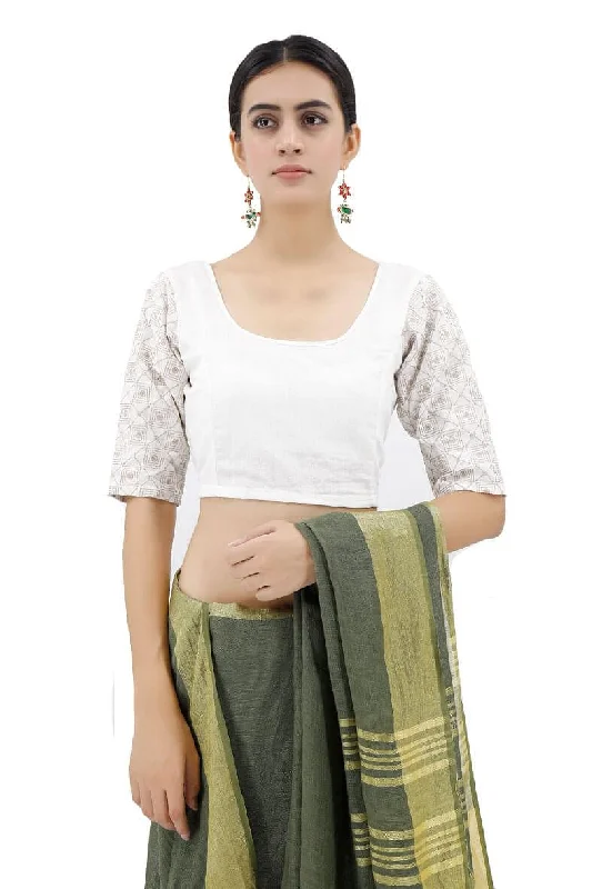 White Blouse With Beige Kantha Sleeves Casual Relaxed Fit Blouse