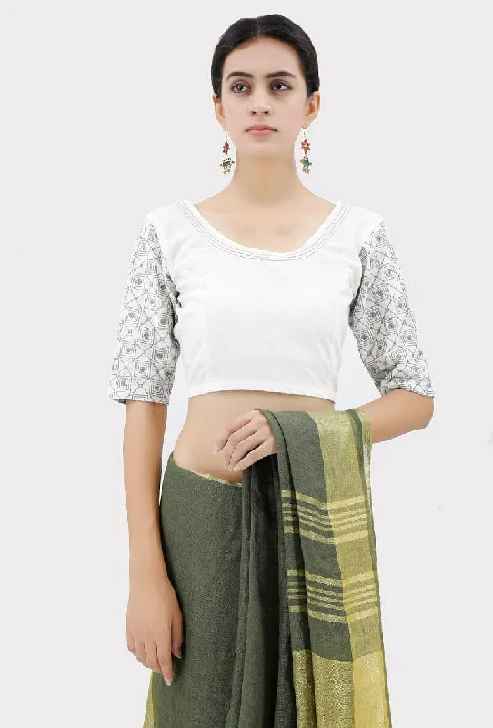 White Blouse With Green Kantha Sleeves Vintage Polka Blouse