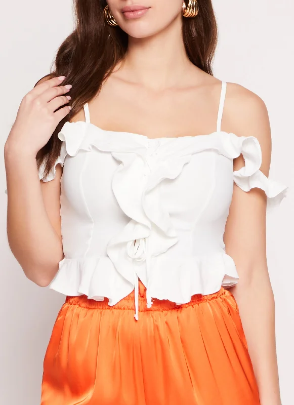 Iris Ruffle Trim Lace Up Cold Shoulder Blouse Chic Square Blouse