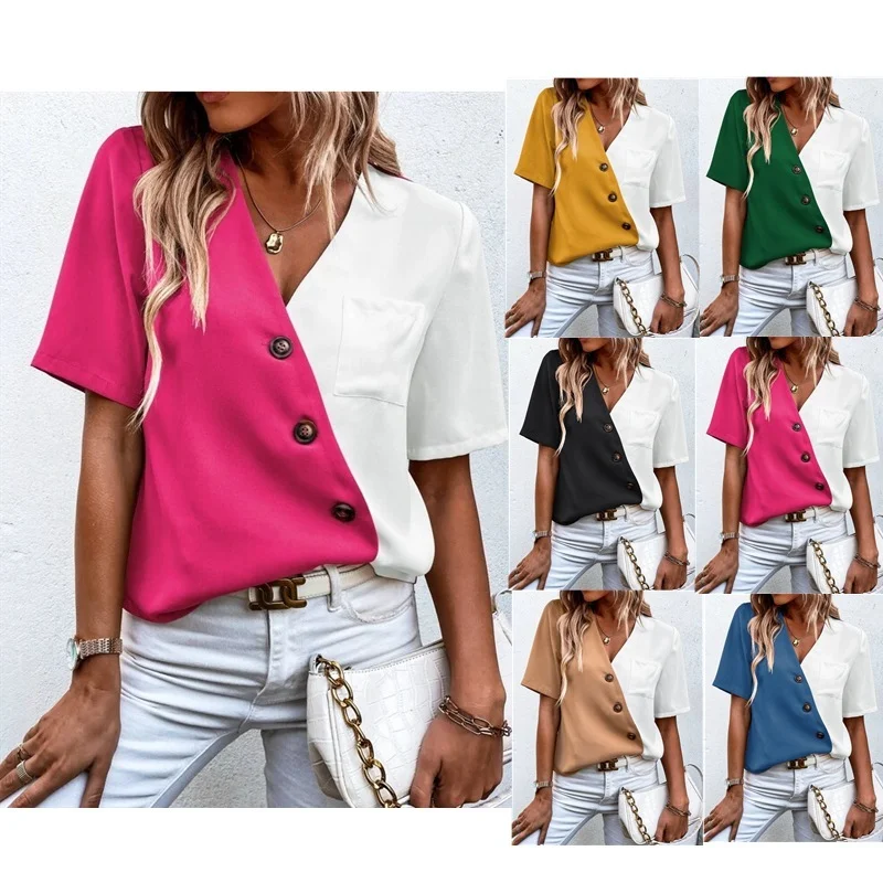 Women Casual Summer Chiffon V-Neck Fashion Color Blocking Short-Sleeved Blouse Loose Fit Blouse