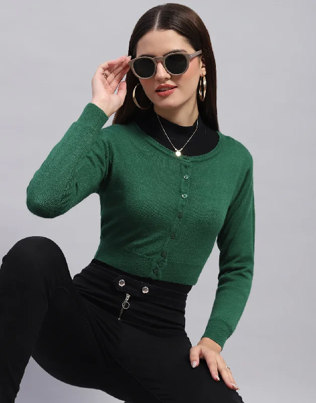 Women Green Solid Round Neck Full Sleeve Blouse Satin Long Blouse