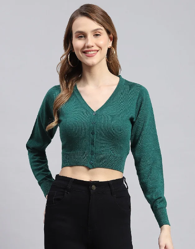 Women Green Solid V Neck Full Sleeve Blouse Peter Pan Blouse