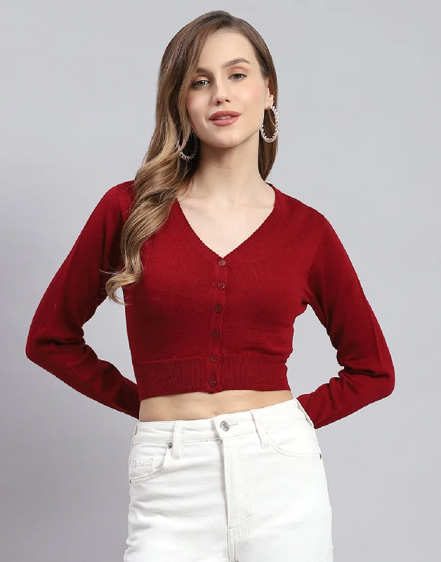 Women Maroon Solid V Neck Full Sleeve Blouse Versatile Layering Blouse