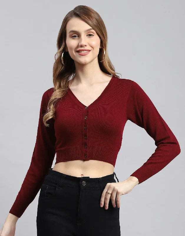 Women Maroon Solid V Neck Full Sleeve Blouse Classic Minimalist Blouse