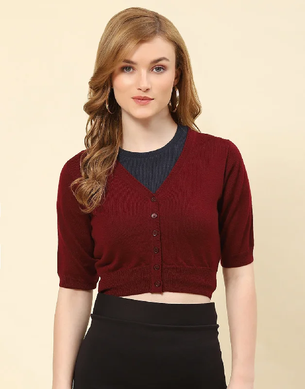 Women Maroon Solid V Neck Half Sleeve Blouse Elegant Peplum Blouse