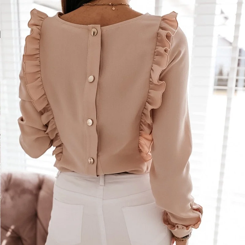Women Ruffles White Back Buttons OL Blouse O-Neck Long Sleeve Solid Tops Female 2020 Spring Autumn Fashion Casual Blouses Ladies Lightweight Floral Blouse