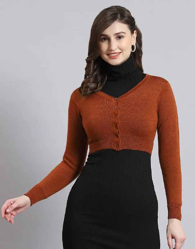 Women Rust Solid V Neck Full Sleeve Blouse Puff Sleeve Blouse