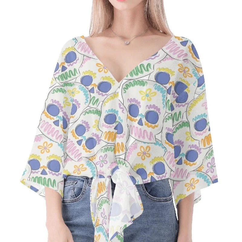 Women‘s’ Skulls With Blue Eyes V-neck Blouse Oversized Silk Blouse