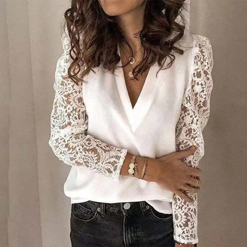 Women V-neck Lace Hollow Out Blouse Patchwork Long Sleeve Elegant Semi-Sheer Blouse