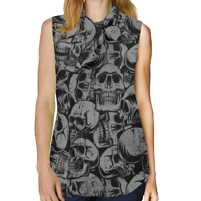 Women's Black Skulls Bow Tie V-Neck Sleeveless Blouse Elegant Silk Blouse