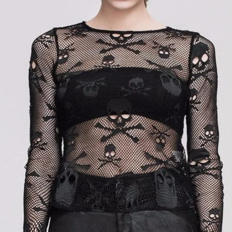 Women's Casual Long Sleeve O Neck Skull Blouse Loose Oversized Blouse