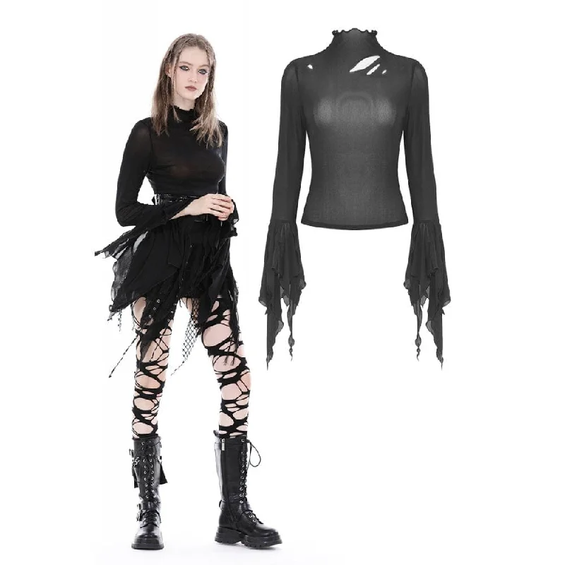 Women's Gothic Cutout Flared Sleeved Mesh Blouse Lightweight Tunic Blouse