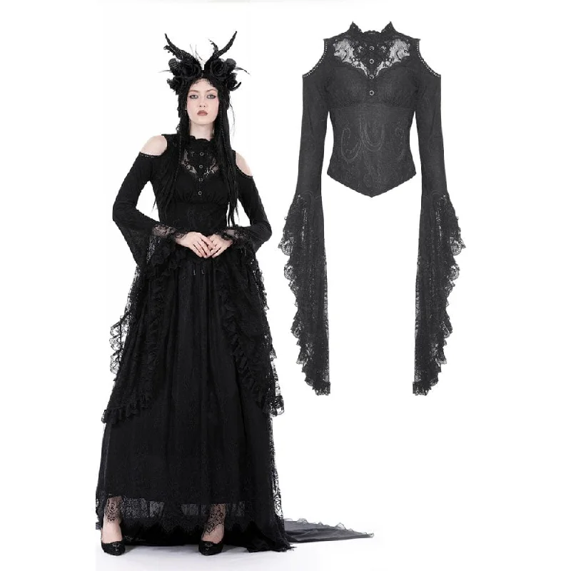 Women's Gothic Off Shoulder Lace Flared Sleeved Blouse Mandarin Collar Blouse