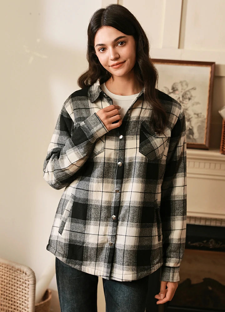 Women's Matching Family Black White Snap Up Flannel Shacket Peter Pan Collar Blouse