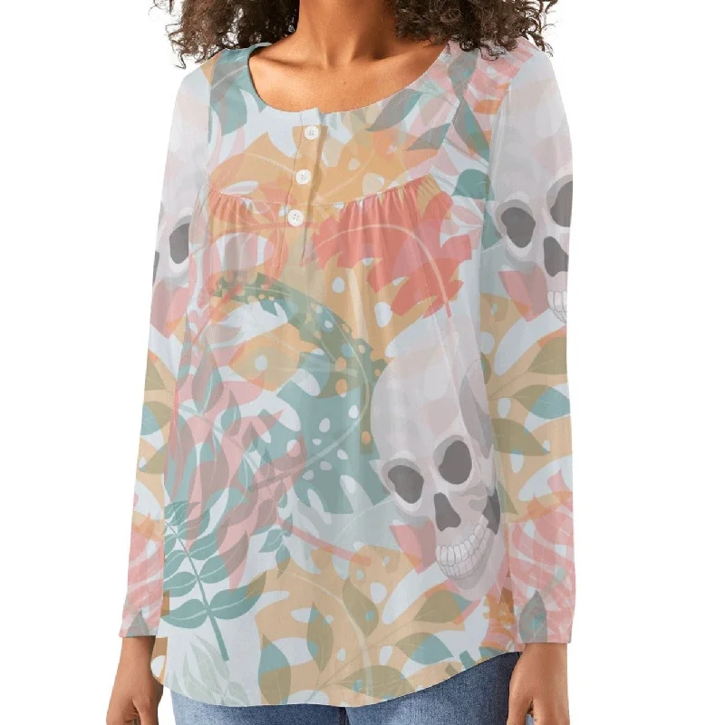 Women's Pastel Leaves Skull Long Sleeve Blouse Soft Satin Blouse