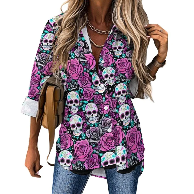 Women's Pink Floral Skull Irregular Hem Blouse Smart Business Blouse