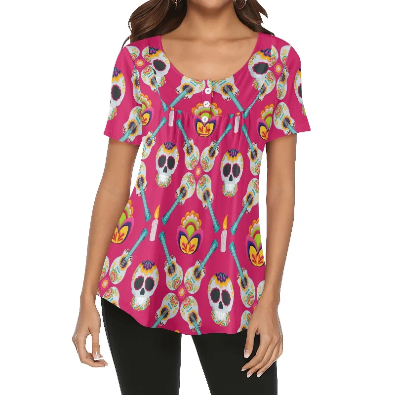 Women's Pink Sugar Skulls V-neck Top Blouse Pastel Color Blouse