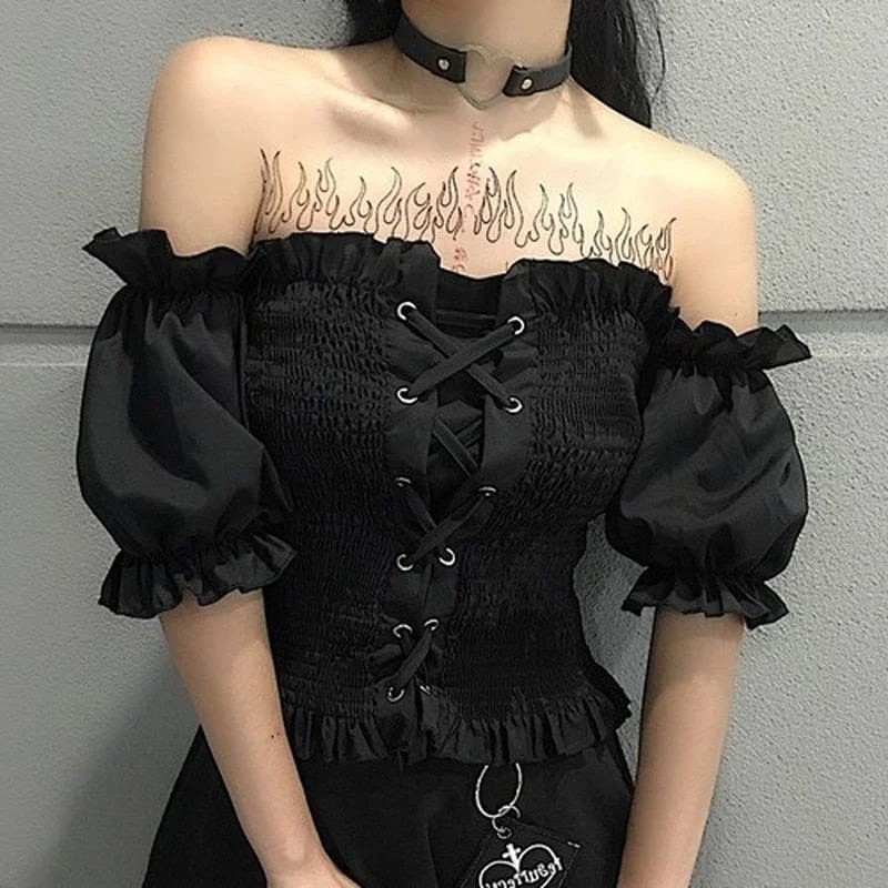 Women's Ruffle Gothic Off Shoulder Lace Up Cross Blouse Peter Pan Collar Blouse