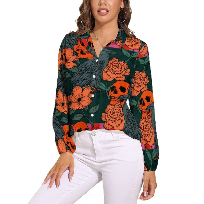 Women's Vintage Orange Skulls Floral Casual Long Sleeve Blouse Soft Pastel Blouse