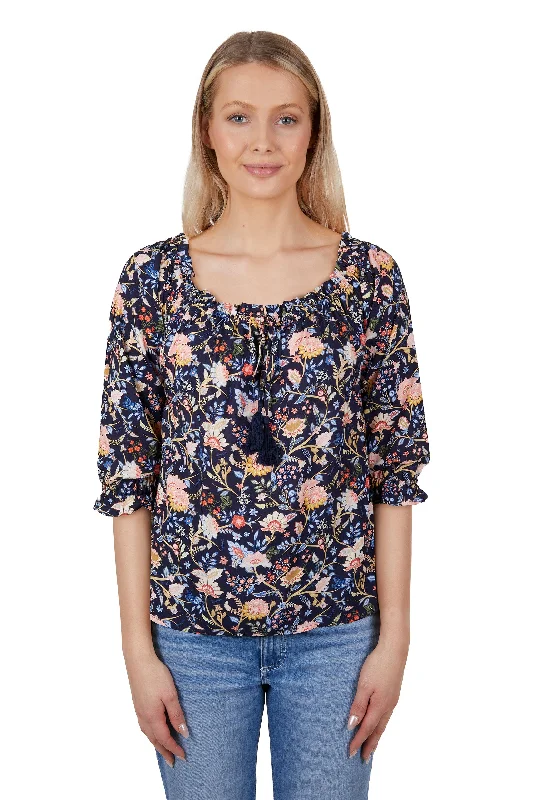 Wrangler Ladies Cassidy S/S Blouse - Multi - X4S2523199 Ruched Sleeve Blouse