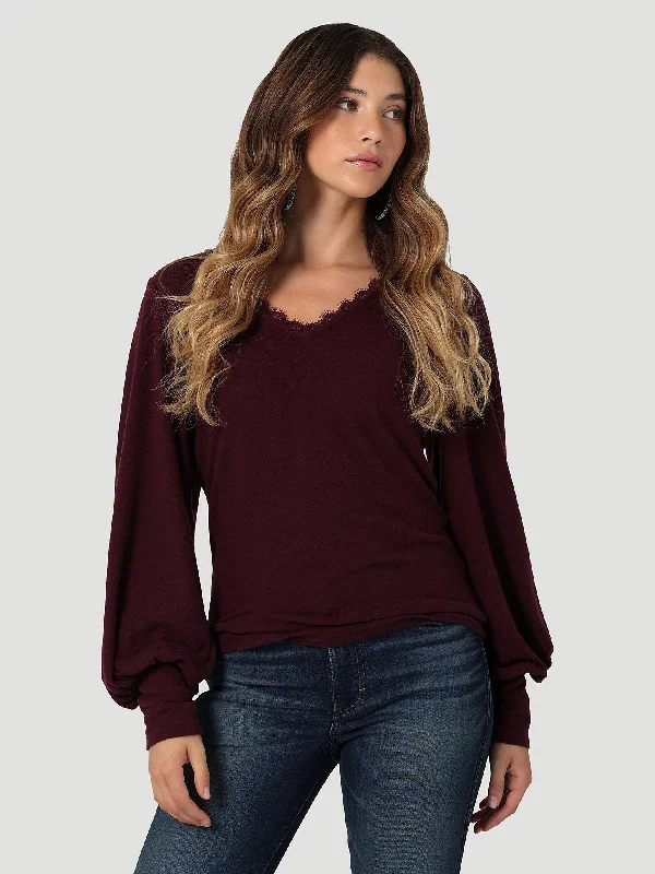 Women's Wrangler Lace Neck Bloused Sleeve Knit Blouse In Wine Tasting Ruffled Neck Blouse