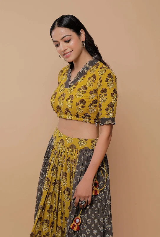 Yellow And Grey Handblock Printed Ajrakh Creative V Neck Blouse Boho Printed Blouse