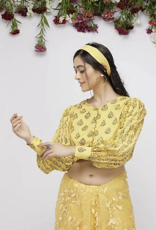 Yellow Cotton  Hand-Block Printed Blouse Drape Neck Blouse