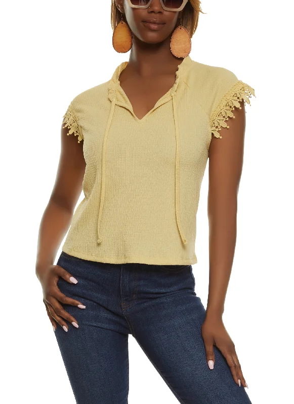 Textured Knit Lace Trim Sleeve Blouse Elegant Silk Blouse