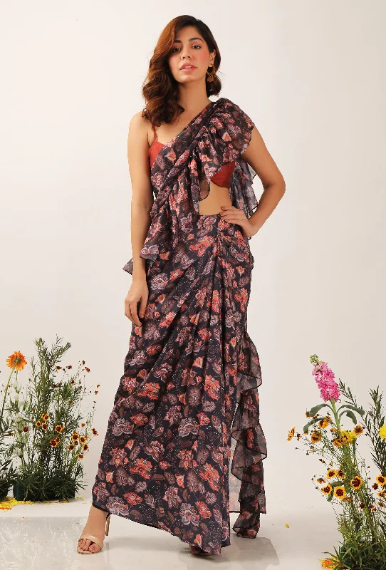 Zoon Floral Chintz Ruffled Pre Draped Sari With Rust Strappy Blouse Versatile Layering Blouse