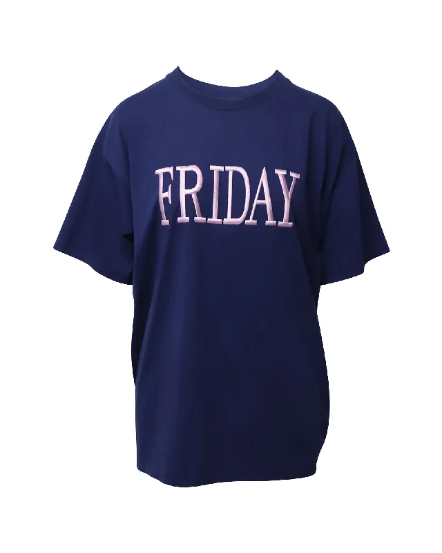 Alberta Ferretti Friday T-shirt in Navy Blue Cotton Solid Color Striped Floral