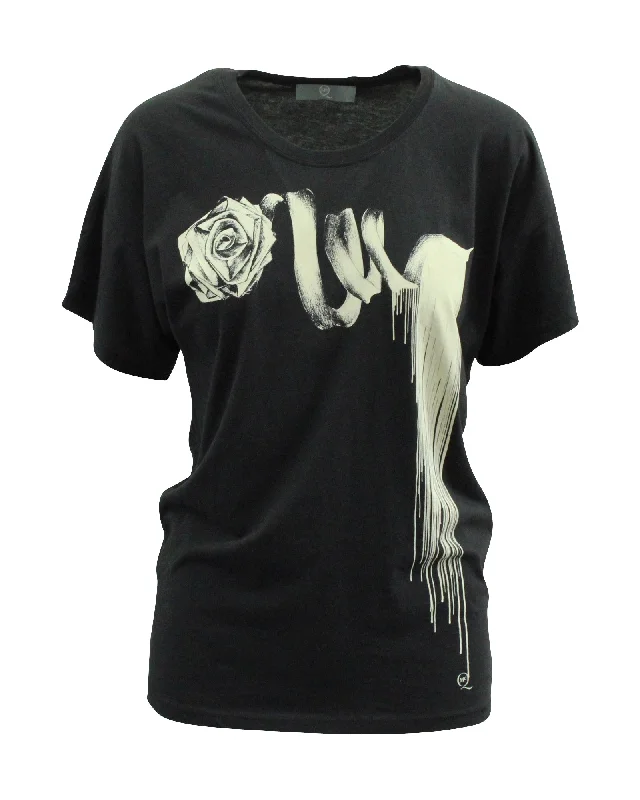 Alexander McQueen Rose Print Pattern T-Shirt in Black Cotton Basic T-Shirt Crew Neck Short Sleeve