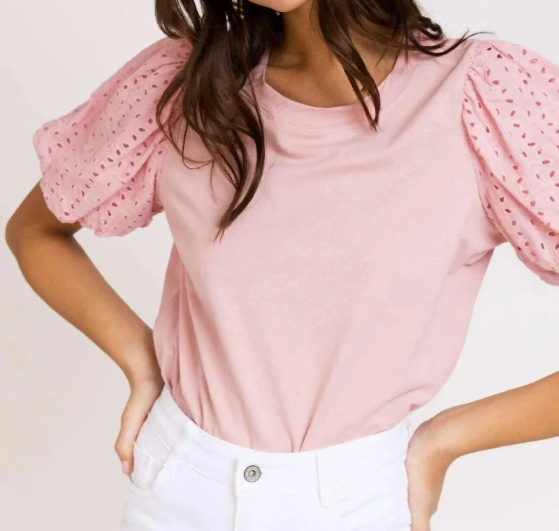 Anusha Puff Sleeve Tee In Blush Ribbed T-Shirt High Neck Heavyweight