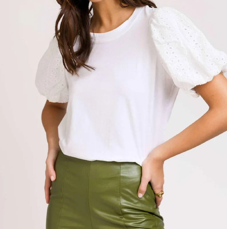 Anusha Puff Sleeve Tee In White Graphic T-Shirt Round Neck Polyester