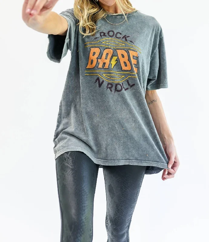 Babe Rock N' Roll Graphic Tee In Denim Hooded Caped Shawl Collar