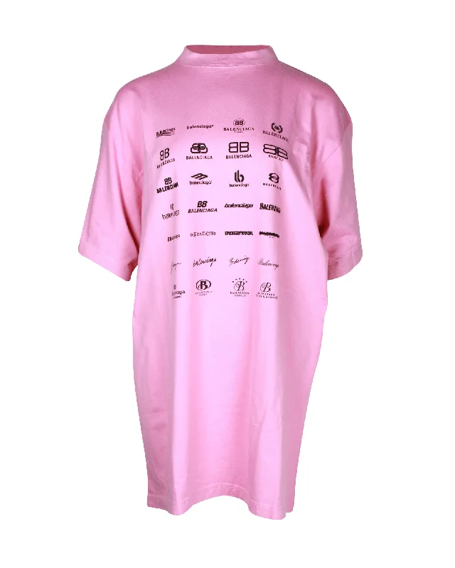 Balenciaga Archives Logos-Print Oversized T-shirt in Pink Cotton Satin Fabric Silk Fabric Chiffon Fabric