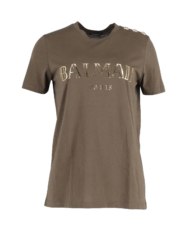 Balmain Metallic Logo T-shirt with Shoulder Gold Buttons in Khaki Cotton Denim Fabric Leather Fabric Suede Fabric Balmain Metallic Logo T-shirt with Shoulder Gold Buttons in Khaki Cotton Denim Fabric Leather Fabric Suede Fabric