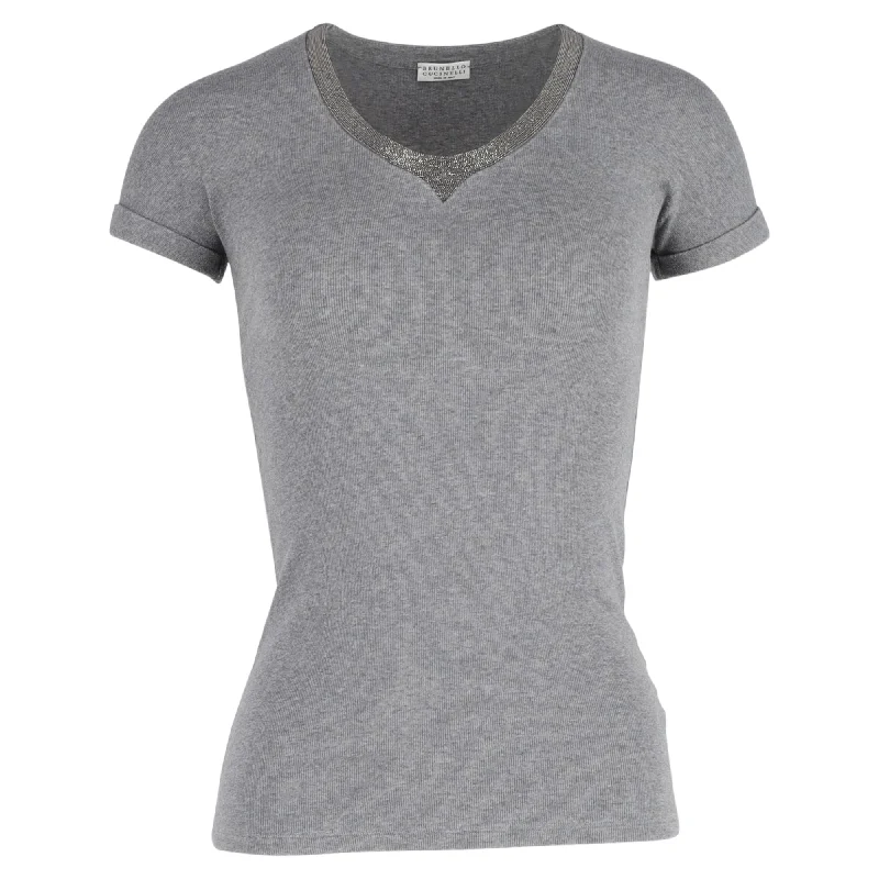Brunello Cucinelli Metallic Neckline T-Shirt in Grey Cotton Ribbed Striped Patterned Brunello Cucinelli Metallic Neckline T-Shirt in Grey Cotton Ribbed Striped Patterned