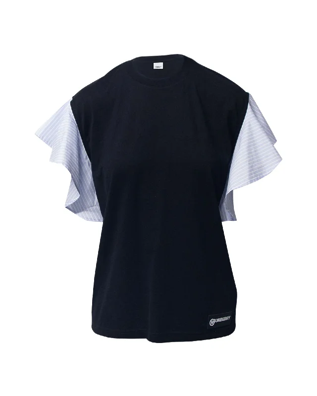 Burberry Striped Ruffled-Sleeve Oversized T-shirt In Black Cotton Sequined Glittery Shiny Burberry Striped Ruffled-Sleeve Oversized T-shirt In Black Cotton Sequined Glittery Shiny