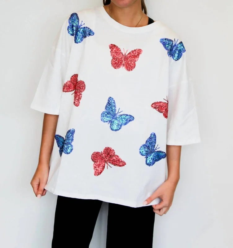Butterfly Sequin Oversized Tee In White Striped Floral Plaid