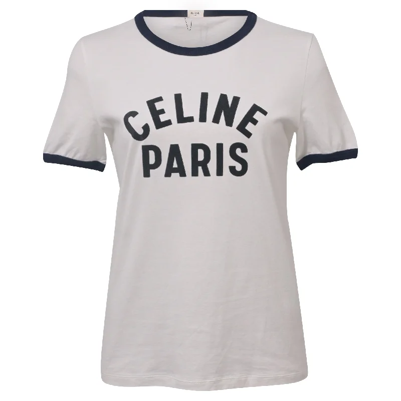 Celine Logo Short Sleeve T-Shirt in White Cotton Sequined Glittery Shiny