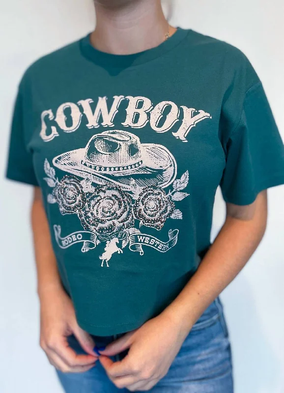 Cowboys & Roses Graphic Tee In Emerald Green Zippered Front Buttoned Front Snap Front