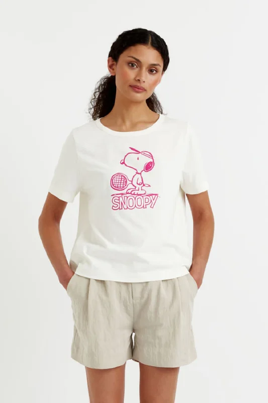 Cream Cotton Retro Snoopy T-shirt Embroidered Appliqued Beaded