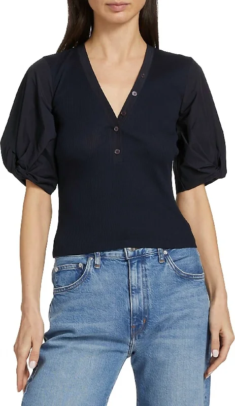 Fallon Mixed Media Tee In Black Chenille Blend Fleece Blend Nylon Blend