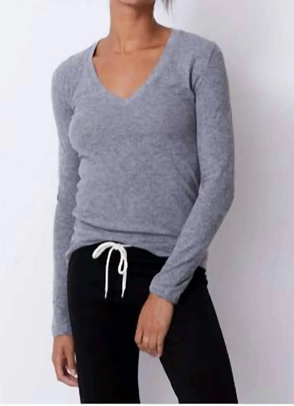 Fitted L/s V Neck Tee In Granite Basic T-Shirt Crew Neck Short Sleeve