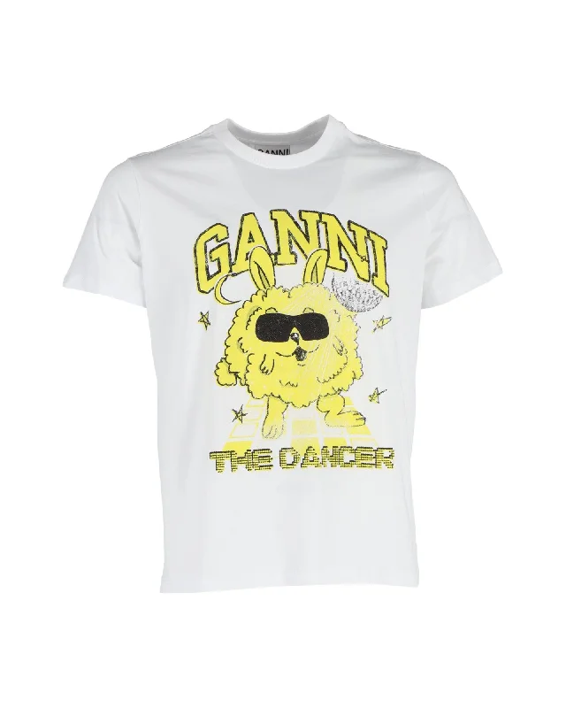 Ganni Dance Bunny T-Shirt in White Cotton Beaded Sequined Faux Fur