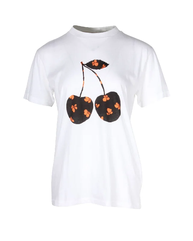 Ganni Harway T-Shirt With Cherry Print in White Cotton Mesh Canvas Denim