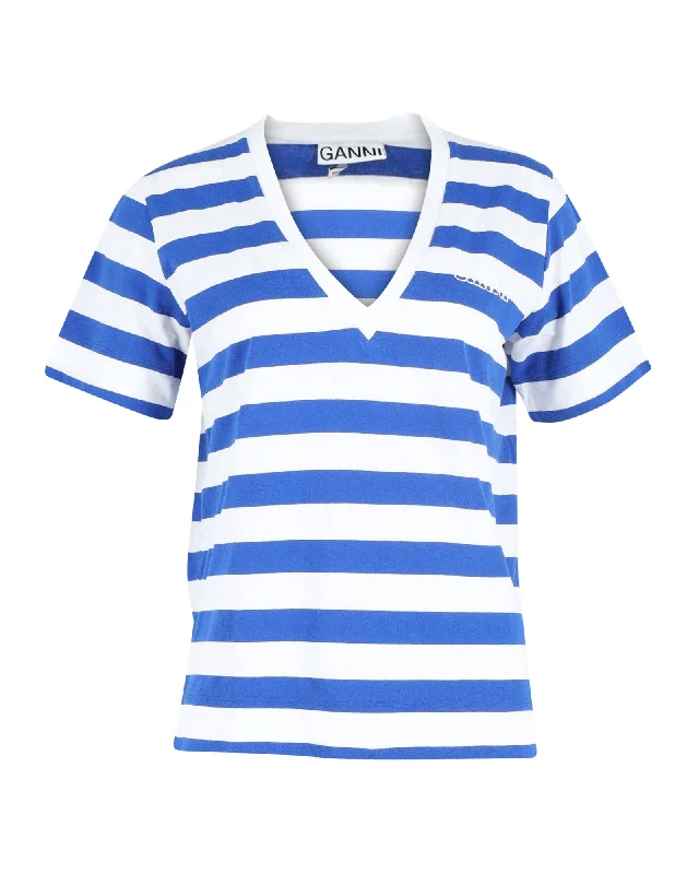 Ganni Striped V-neck T-shirt in Blue and White Cotton Elegant Classic Vintage