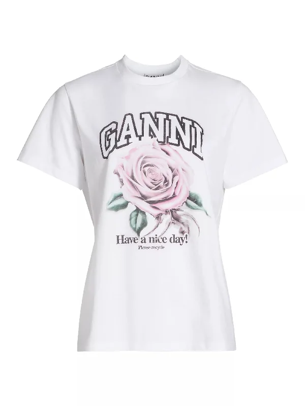 Ganni Women's Rose Print Tee, Bright White Knit Fabric Woven Fabric Fleece Fabric
