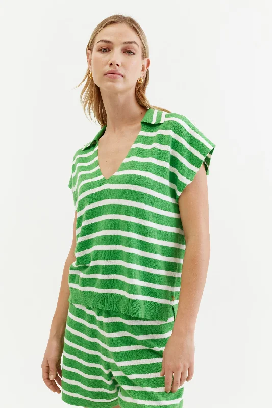 Green Cotton-Linen Breton Polo T-shirt Hooded Caped Shawl Collar